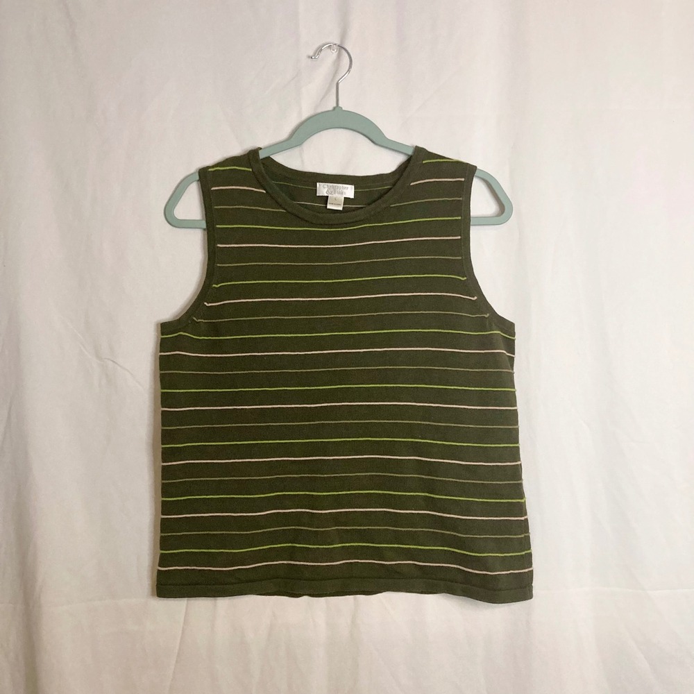 Christopher & Banks Green Striped Cotton Knit Sweater Vest Top L Y2K Grandmacore